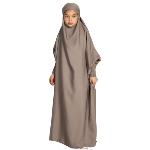 IDOPIP Muslim Dress for Girls One Piece Long Sleeve Islamic Prayer Dress with Hijab Casual Maxi Kaftan Abaya Gown Clothes