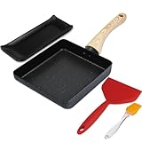 Artcome,Sartén para tortilla japonesa (antiadherente), diseño de tamagoyaki, cacerola de huevo, rectangular, con espátula y cepillo de silicona, 7x15 cm, color negro