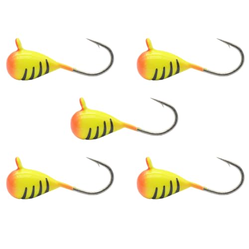 Tungsten Ice Fishing Jig Set Ice Fishing Lures, Max Sensitive Tungsten Tear Drop Ice Jig Head Hook for Panfish, Crappie, Walleye, Perch, Trout, Bluegill (Orange Chartreuse Bee Glow, 3MM, 1/60 OZ)