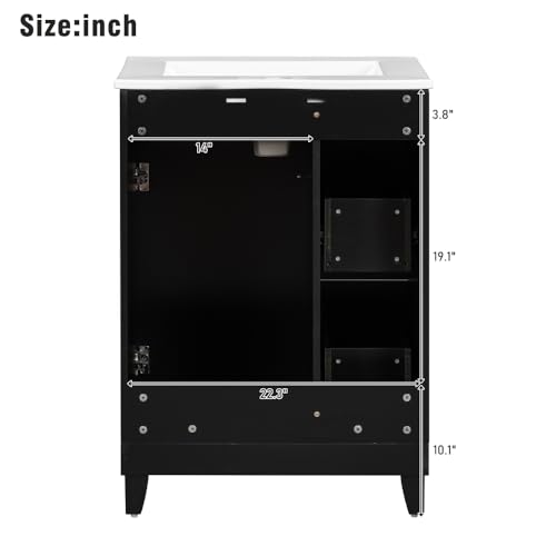 Image of 24 Inch Bathroom Vanity with Ceramic Sink, Freestanding Vanity Cabinet with 2 Drawers and 1 Door (Black)