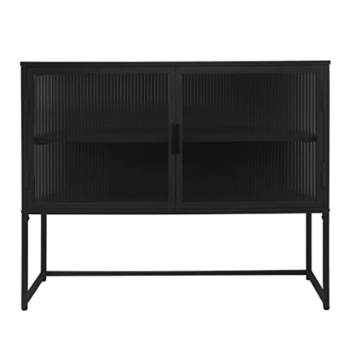 Nosga Retro Style Fluted Glass Sideboard Storage Cabinet Simple Modern Console Table Detachable Wide Shelves Enclosed Dust-Free Storage Bottom Space For Living Room Bathroom Dining Room,Black #TOP5