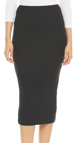 Ribbed Midi Skirt with Elastic Waist for Women- Office Pencil Skirt