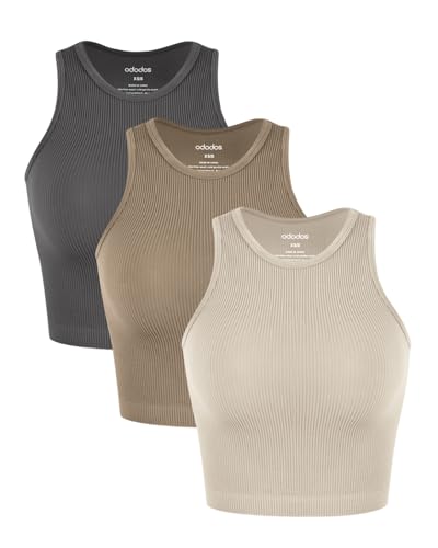 Image of ODODOS 3-Pack Seamless Crop Tank for Women Ribbed Soft High Neck Cropped Tops