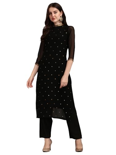 Image of Saanjh Women's Faux Georgette Embellished Printed Straight Kurta with Bottom||Kurta Set