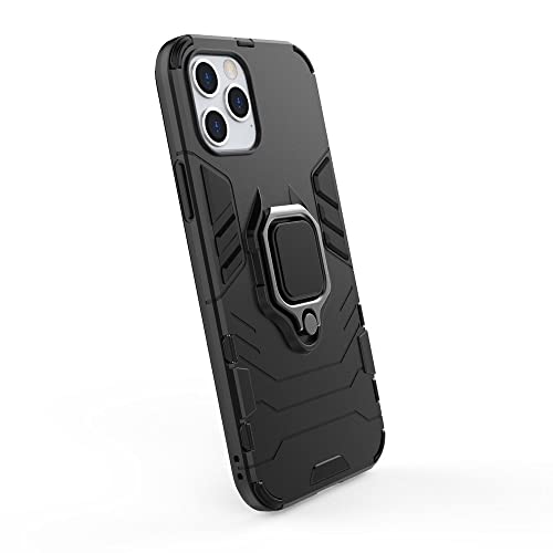 Image of WOW IMAGINE Shock Proof Back Case Mobile Cover Compatible with Apple iPhone 12 Pro (Armor | Hybrid PC + TPU | Full Protection with Ring Holder Kickstand | Carbon Black)