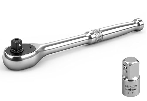 Image of HORUSDY 3 /8 inch Drive 90T Quick-Release Ratchet Handle, Reversible, Chrome Alloy Made, Full Polished, Includes 3 /8 inch to 1 /2 inch Socket Adapter, Ideal for Auto Repair, Home & Industrial Use