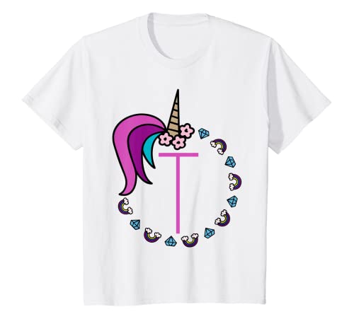 Niños Camiseta con monograma de unicornio con letra T para fiesta de cumpleaños de niñas Camiseta