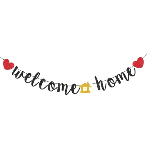 Welcome Home Banner Black Glitter Home Party Decors Banner Welcome Homes Decoration Hanging Flags Creative Pennants for Homecoming Housewarming Family Reunion (Black 1 Set)