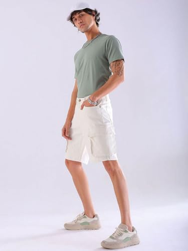 Image of The Indian Garage Co Men Relaxed Fit Solid Mid-Rise Denim Cargo Shorts