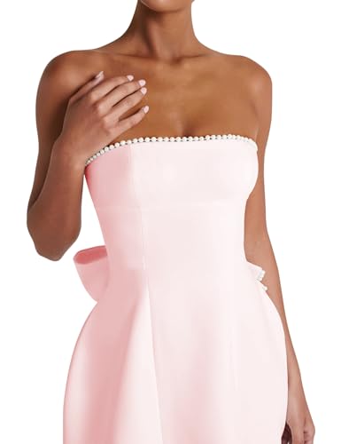 Image of Women's Summer Sexy Strapless A-Line Sleeveless Mini Dress Off The Shoulder Backless Cute Pearl Bow Dress