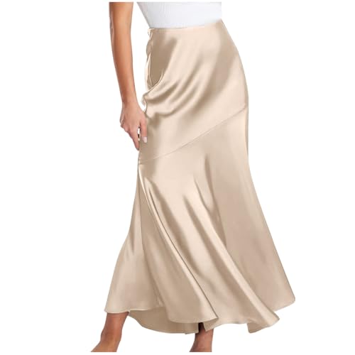 Women's Long Satin Skirt Silk Elegant High Waist Cocktail Party Wedding Flared A-Line Flowy Swing Maxi Skirts