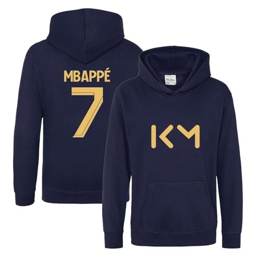 BlackMacaw Kids Kylian Mbappe Inspired Soccer Hoodie Jumper footy merch Boys Girls 5-13yrs Number 7# 7 Gold Print Front Back Christmas, Birthday Gift_NAVY_9-11