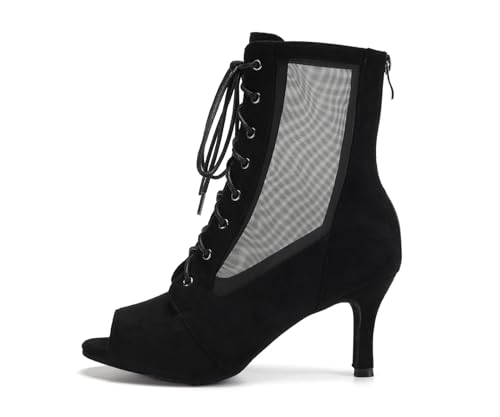 HIPPOSEUS Women's Black Ballroom Ankle Boots Peep Toe Latin Salsa 3