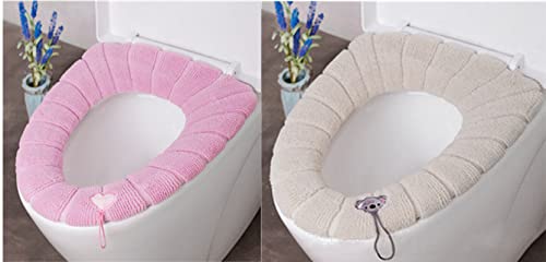 CHUANGOU 2 Fundas de Funda De Asiento De Inodoro Cojines universales para Asiento de Inodoro con Hebilla Colgante, elástico Lavable (Rosa, Beige) Cover