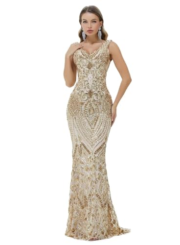 Image of Women's Wedding Bridesmaid Gown Sequined Mermaid V Neck Sleeveless Evening Dress
