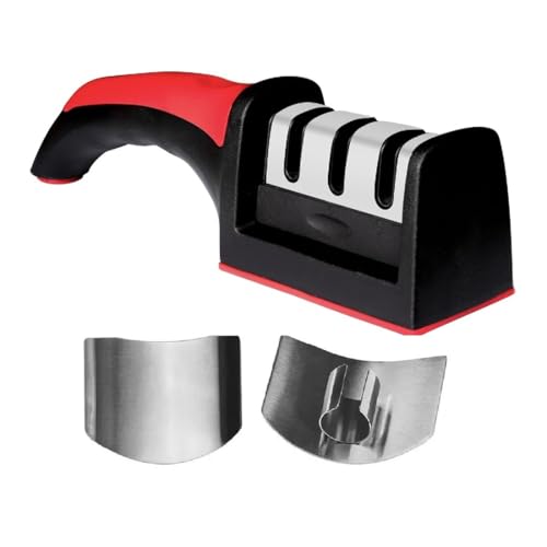 Knife Sharpener UK 3 Stage and Finger Guard Stainless Steel – Kitchen Knives Sharpener Manual – Non Slip Base, Ergonomic Handle – Practical, Simple and Safe