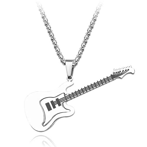 MiaLover Retro Stil Anhänger Halskette mit Gitarren Anhänger Kreativer Hip-Hop-Schmuck Gravierte Edel-Stahl Hals-kette Personalisierte Halskette für Musikliebhaber mit 24 Zoll Kette ,Silber Cover