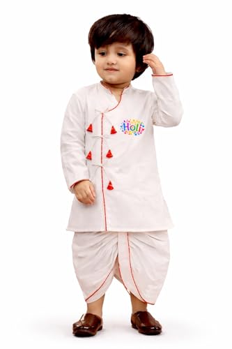 Ensemble Kurta Dhoti en coton blanc haut de gamme pour garçon style Angrakha traditionnel
