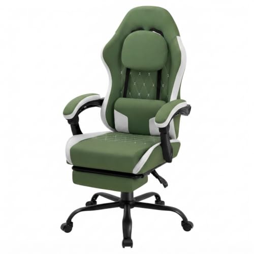 Image of Video Gaming Chair, Ergonomic Office Chair with Footrest, Lumbar Support and Linkage Armrests, Swive Home Video Game Chairs for Adults, Green