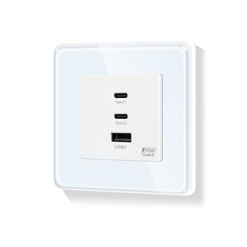 LIAONFOY Runde 65W Super Fast Charging Wandsteckdose Glasrahmen Kompatibel mit iPhone iPad Android Gerät Max 65W für Typ c 20W für USB Weiß Gekurbte Kanten rahmen 86mm 100-240V(Neutrale erforderlich)