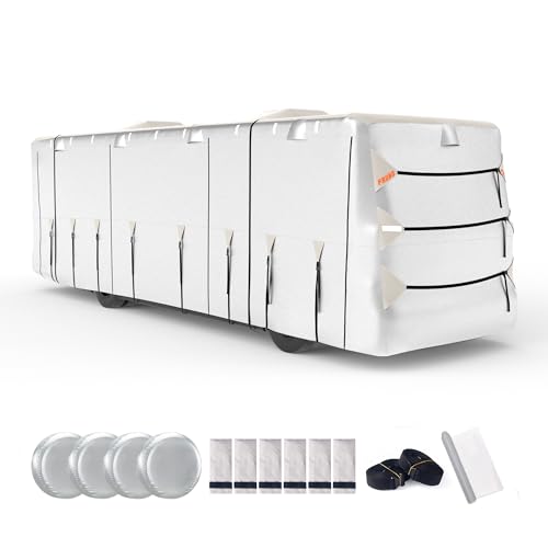 FRUNO Oxford Fabric Class A RV Cover Fits 33'-37' Waterproof Rip-Resistant Anti-UV Motorhome Camper Cover for Winter Snow with 4 Tire Covers and Gutter Covers