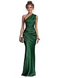 Silk Satin Bridesmaid Dresses for Women One Shoulder Formal Dress Long Mermaid Prom Party Evening Gown Emerald Green US16
