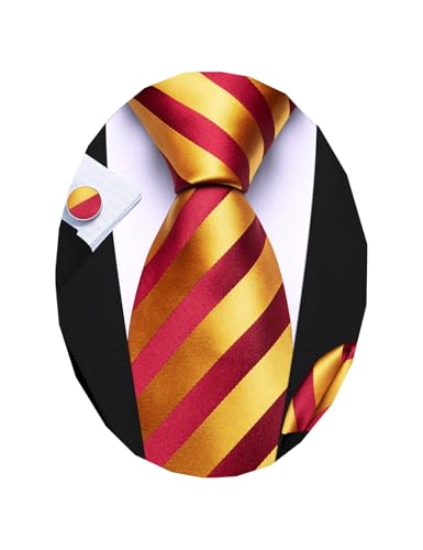 Image of Barry.Wang Man Stripe Ties Set Silk Woven Pocket Square Necktie Cufflinks Formal Party Business