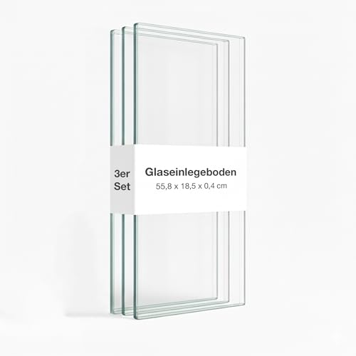 K-Möbel 3er Set Glaseinlegeboden 558x185x4mm in Transparent inkl Bodenträger 5mm und Abdeckkappen - Made in Germany - Einlegeboden für Wandvitrinen - Regalboden/Glasplatte Erweiterung aus ESG