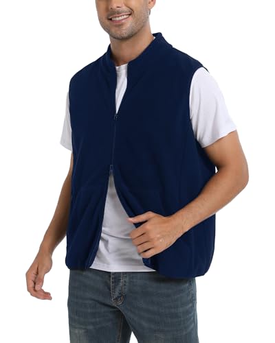 Argstar Men's Navy Blue Fleece Vest with Zipper Pockets, Full-Zip Casual Lightweight Sleeveless Outerwear Gilet L