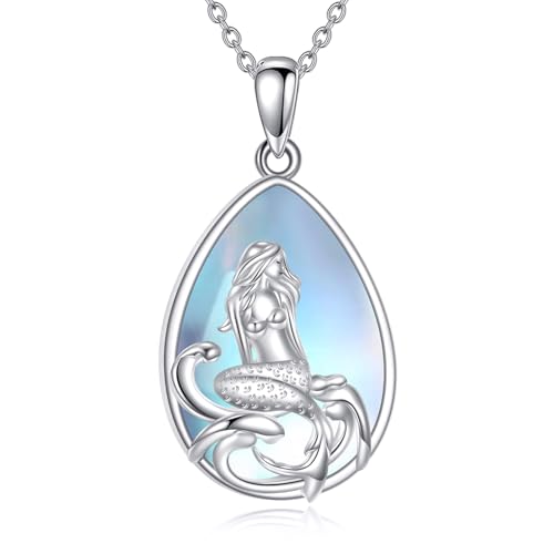VONALA Collar de piedra lunar para mujer, plata de ley 925, colibrí, libélula, sirena, collar con colgante de piedra lunar, regalo para mujeres, familiares y amigas, Plata esterlina