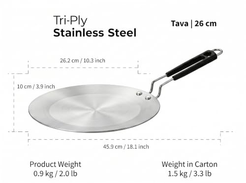 Image of Triply Stainless Steel Tawa 26cm | 4mm Thick, 1Kg | Induction & Gas Compatible | SS 304 Interior | 100% Toxin-Free, No Chemical Coating | Even Heat, No Burning | Roti, Paratha, Chapati