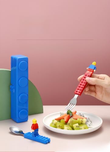 Image of Samvardhan Stainless Steel Baby Spoon & Fork Set with Case | BPA Free Toddler Training Cutlery 2+ Years | Self Feeding | School Lunch Box & Travel Friendly | Building Blocks Design