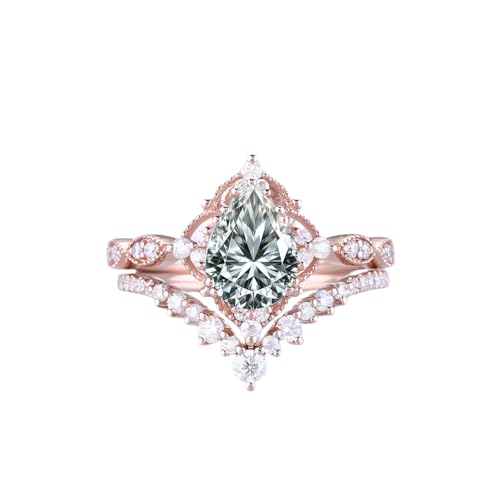 Gemstone Engagement Rings Set for Women Pear Cut Gemstone Bridal Sets Wedding Rings 10K 14K 18K White Yellow Rose Gold Gemstone Wedding Ring Sets Vintage Inspired V Shaped Wedding Band Promise Ring3