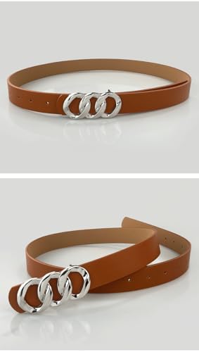 YOU&M 2 Pack Women's Faux Leather Thin Waist Belt with Large Chain Silver Buckle for Dress Jeans4