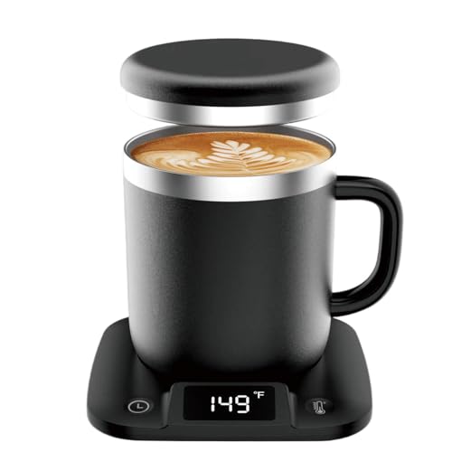 Heated Coffee Mug with Temperature Control & Display USB Mug Warmer Set PD Fast Heating Desk Mug Stainless Steel Insulated Smart Mug with 5 Temp &5 Timer(Black-14oz)