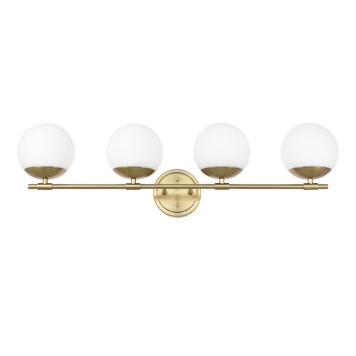 Ntsunxeko Brass Bathroom Vanity Light, 4 Light Modern Globe Bathroom Light Fixtures Over Mirror, Modern Vanity Lights for Living Room, Milk White Globe Glass Shades, Standard E26 Base, Aged Brass