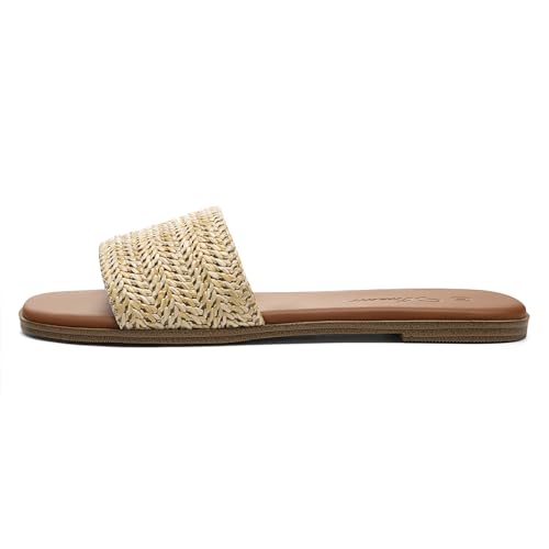 Image of Athlefit Flat Sandals Women Dressy Square Toe Raffia Summer Slide Sandals