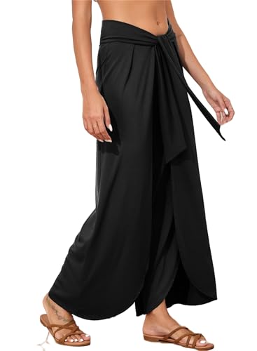 Womens Beach Pants Split Wide Leg Beach Pants High Waisted Tie Cropped Pant Summer Flowy Casual Palazzo for Women2