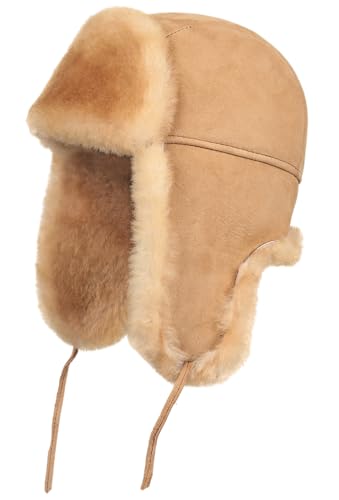 Image of Leather Aviator Shearling Ushanka Trapper Hat Russian Sheepskin Cap Real Fur Winter Hat with Ear Flaps for Men Women