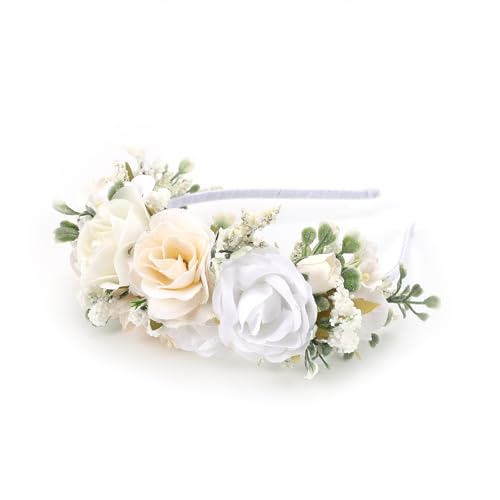 PoshMyra White Ivory Flower Crown Hairband for Girls Birthday Party Princess Floral Headband for Little Bridesmaids Wedding Photo Prop