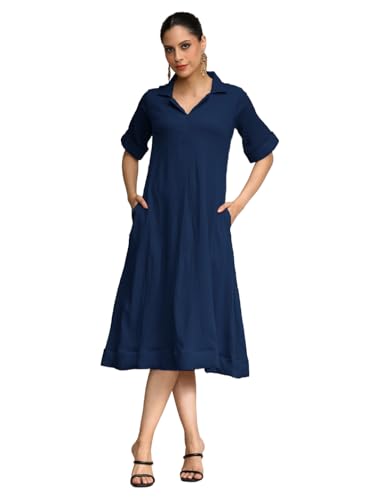 Image of Varanga Women Beige A -line Calf Length Dress Featuring Classic Shirt Collar and Short Sleeves which offering Comfort and Ease