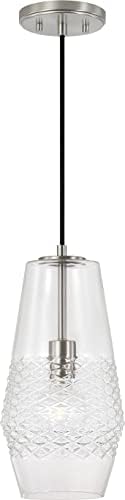 Capital Lighting 345011BN Dena Transitional Geometric Diamond Embossed Glass Pendant Ceiling Light Fixture, 1-Light 100 Watt, 14" H x 7" W, Brushed Nickel
