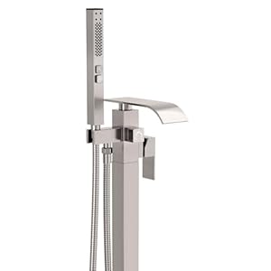 BESy Tub Filler Freestanding Bathtub Faucet Brushed Nickel Floor Mount Tub Faucet Waterfall Free Standing Bathtub Filler High Flow Brass Bath Shower Faucets with Handheld Sprayer