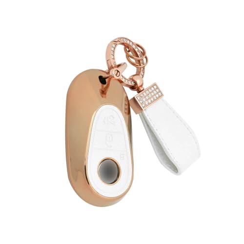 Image of Keyzone Litchi Leather Textured TPU Key Cover & Keychain for S-Class, G-Class, E-Class 2022 Onwards, 3 Button Smart Key (White)