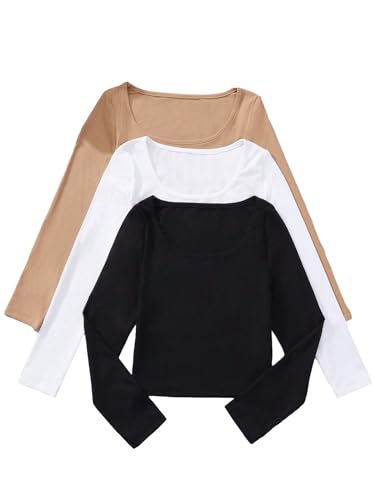 Floerns Girls 3 Pcs Basic Rib Knit Tshirt Solid Long Sleeve Crewneck Tee Shirt