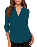 roswear Women's Chiffon V-Neck Business Casual Blouse Work Tops with Cuffed Sleeves Jade Green Medium