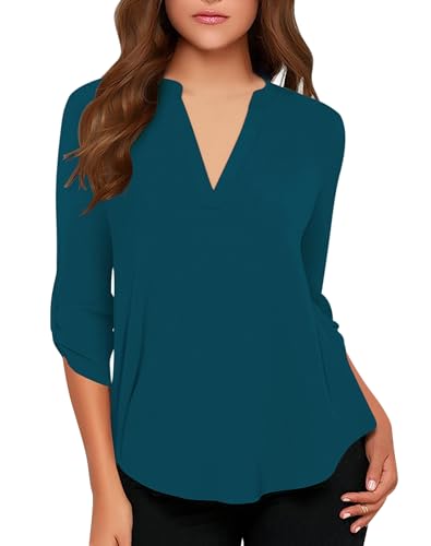 roswear Women's Casual V Neck Cuffed Sleeves Solid Chiffon Blouse Top