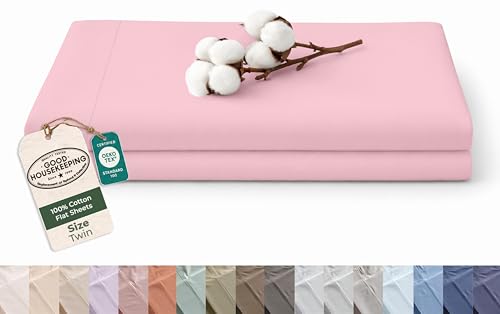 Image of Royale Linens 100% Organic Cotton Twin Size Flat Sheet Only - Percale Top Sheets - Twin Flat Sheet Sold Separately - Lightweight & Super Soft 100% Cotton Pink Bed Sheets Only (66 inch x 96 inch, Pink)