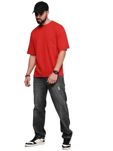 Image of LEOTUDE Half Sleeve Oversized Tshirt for Men, Round Neck Cottonblend Drop Shoulder Solid T-Shirt (Color Multicolor)