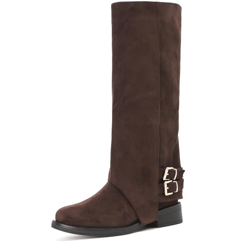 Putu Women's Fold-Over Knee-High Faux Suede Boots 7.5